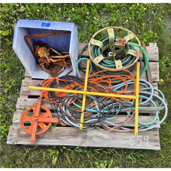Garden hose, elect cord, pullies, misc. steel