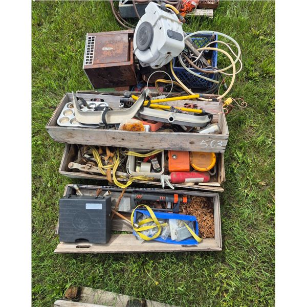 Calf pullers, com-a-long, propane heater, hyd heater, hose reel, tire wrenches, tie down straps etc.