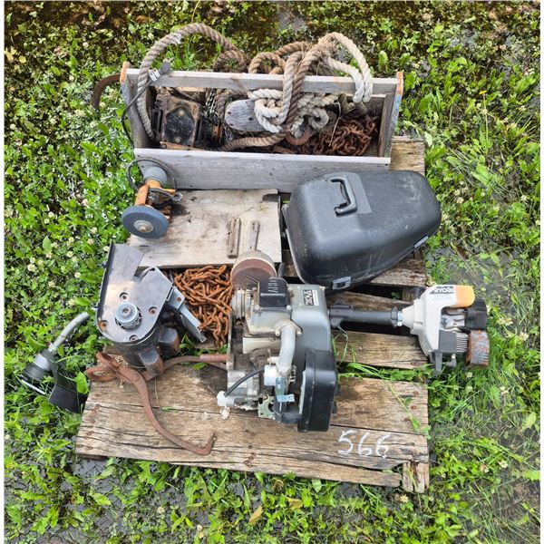 Grindstone, ice tongs, 12HP motor, toolbox w/ old pulley, various chains, traps, contents on pallet