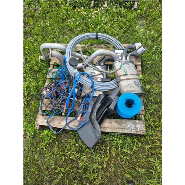 Baler twine, mud flaps, exhaust system, booster cables, poly line ext. cords, contents on pallet