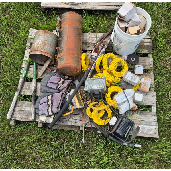 Hoof trimmers, spotlights, gas pumps, old SMP pail, air tank, misc. cables, misc. elect.