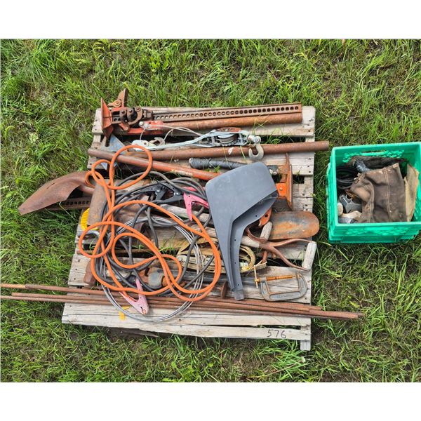 Pallet of tools, jackall, com-a-long, good set of booster cables, trailer hitch