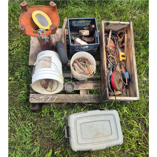 Cast iron stand, misc. tools, hot water tank heater, qty of bolts