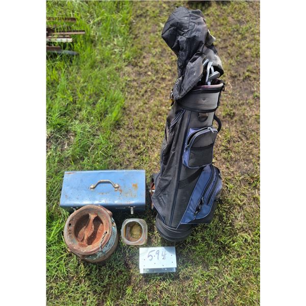Golf clubs, old cream can, toolbox