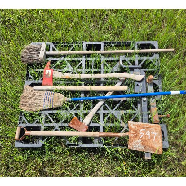 2 trailer hitches, fireman's axe, shovels etc.