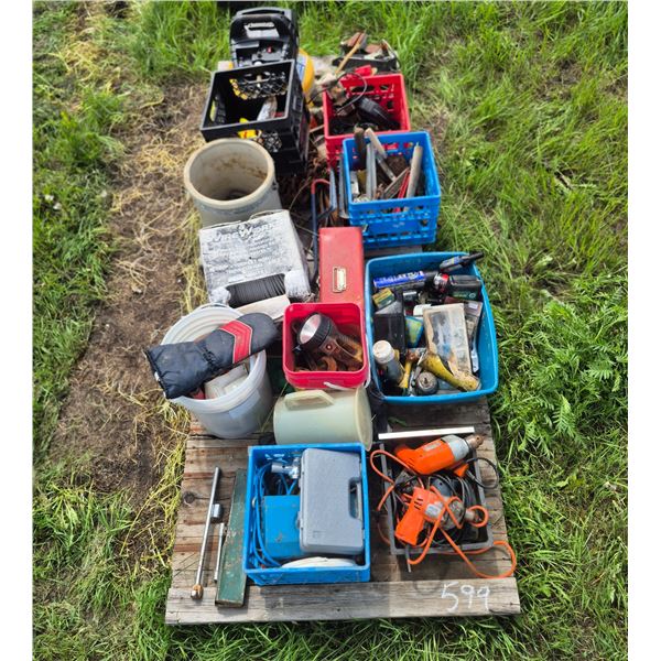 2 pallets of various tools, oils, compressor , battery tester, vice, tank heater