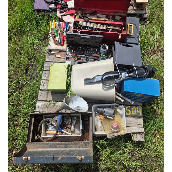 Pallet of hand tools, toolboxes, jerry cans, ext. cords etc.