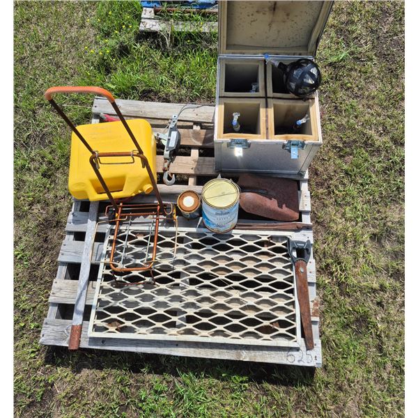 2 wheel cart, com-a-long, jerry can, shovels etc.