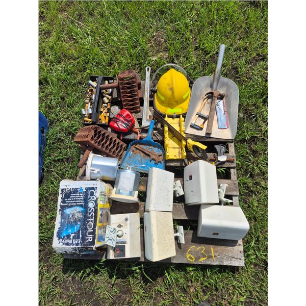 Pallet of various speakers, alum 24" pipe wrench, clamp, sockets, charger etc.