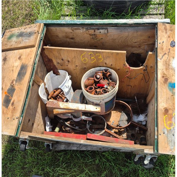 Green wooden crate c/w large qty of pipe fittings