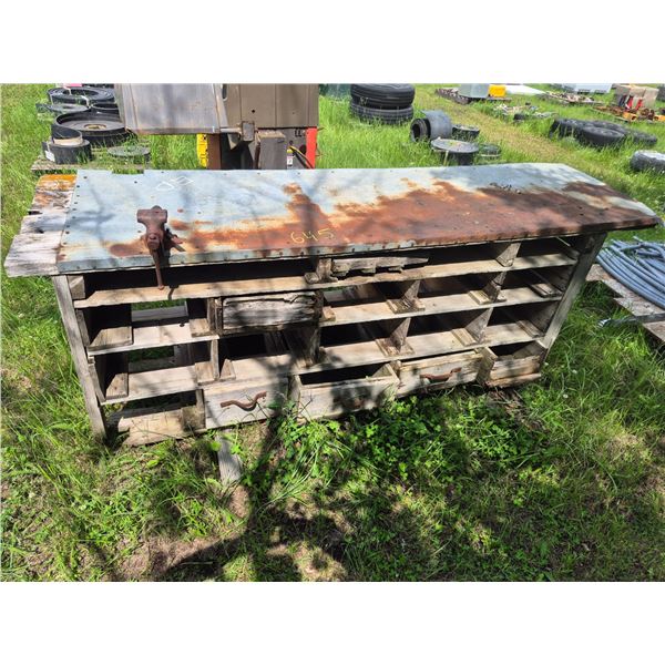 Very old 8ft wood work station, c/w 3" vice