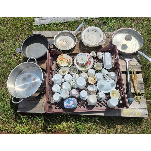 Qty of old dishes, cups, pans etc.