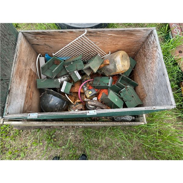 Green box c/w mole traps, gate hinges, wheels etc.