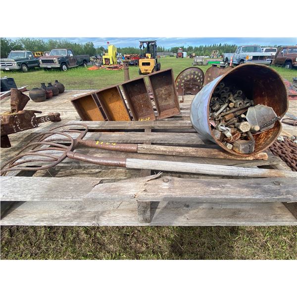 Bread pan, 4 & 5 tine forks, buckets of nuts/bolts