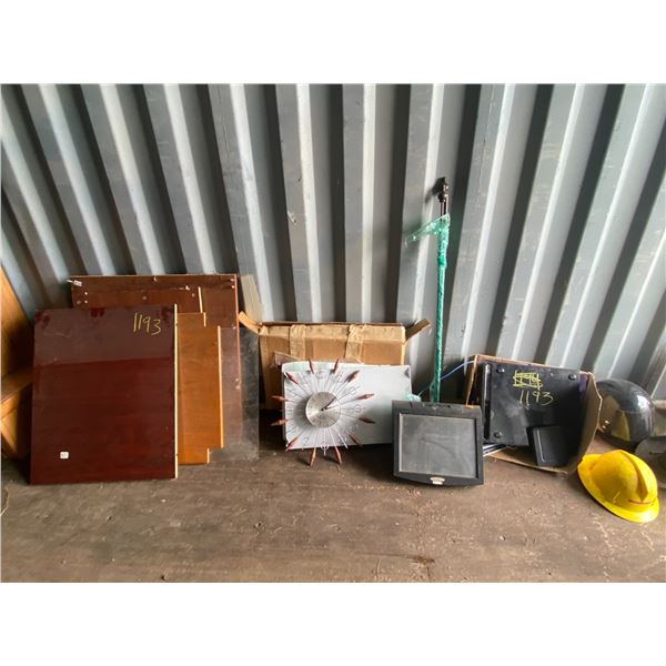 Plexi glass, clock, dell computer, bike helmet, cowboy hat, paints, curtain rods, tent pegs