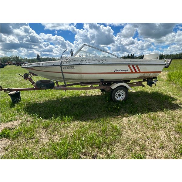 Peterborough Fiberglass boat c/w Johnson 60HP, boat # ZCB24116M790, trailer # not visible, has not