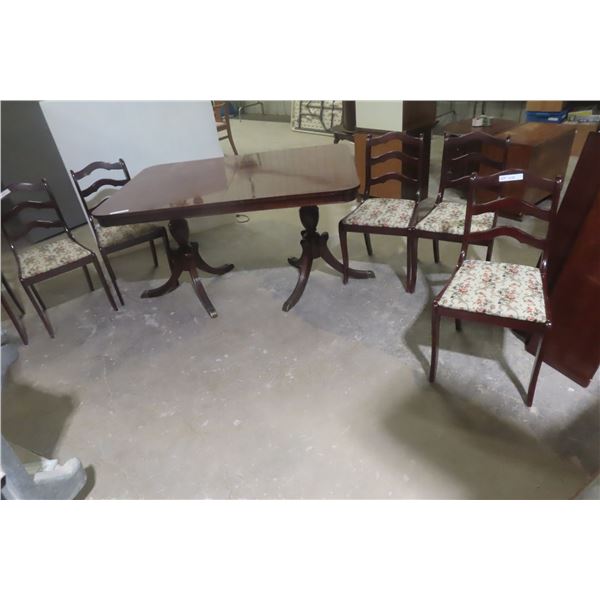 Pedestal Table – 30" x 54" x 38" with Two 12" Leaves and 6 Chairs – Cherry Finish