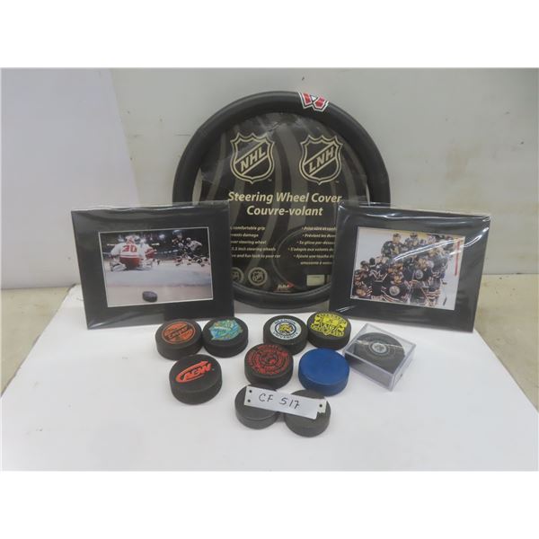 10 Hockey Pucks Including Winnipeg Jets, 2 Pictures Edmonton Oilers 8" x 10" and NHL Steering Wheel 