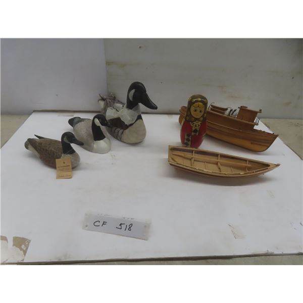 2 Wood Boats, Carved Duck, Russian Nesting Doll and Decorative Ducks