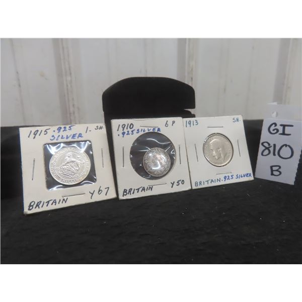1915 British 1 Shilling Coin; 1910 British Six Pence Coin; 1913 British 1 Shilling Coin