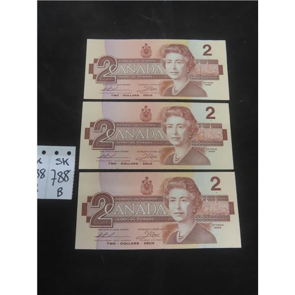 3x 1986 Uncirrculated Canada $2 Bills