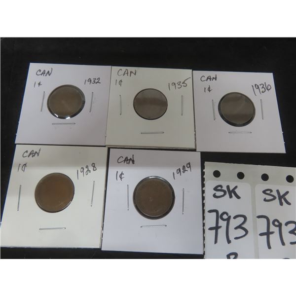 5x Canadian Small Cents - 1928, 29, 32, 35, 36
