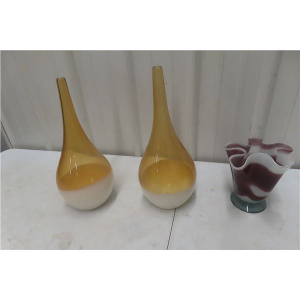 2 Amberglass Teardrop Vases and Italian Venini Vase