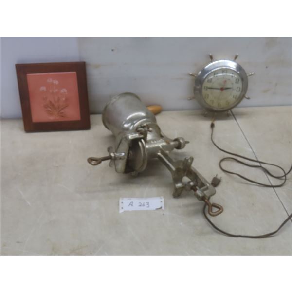 Vintage Meat Grinder, Ingraham Electric Clock and Trivet