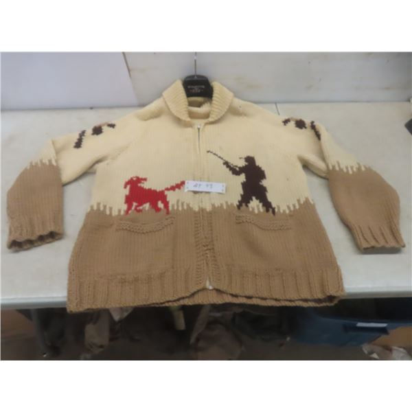 Vintage Hand-Knitted Wool Cowichan-Style Sweater – Hunting Theme Motif