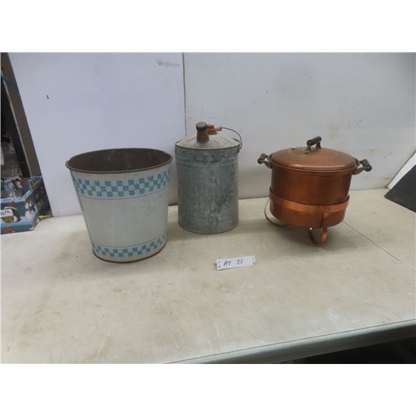 Galvanized Gas Can, Metal Pail and Large Copper Pot on Stand