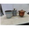 Image 1 : Galvanized Gas Can, Metal Pail and Large Copper Pot on Stand