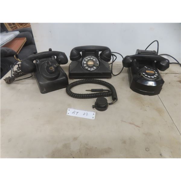 3 Vintage Phones and Ham Radio Cord (Damage on Back of No-Dial Phone)