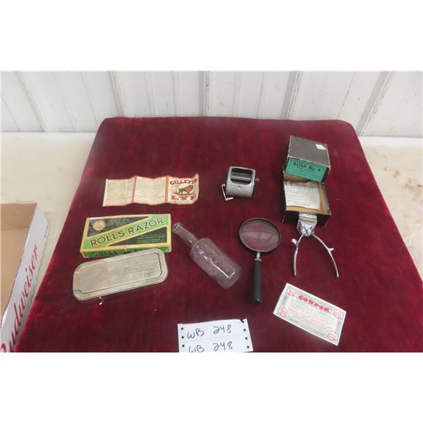 Vintage Shaving and Barber Lot: Rolls Razor Sharpener, Twinplex Stropper, Alisa No. 4 Hair Clipper,
