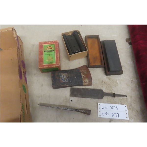 Antique Diamond Axe Head, Henry Boker Door Hinges No. 3625 NOS – Qty 4, Sharpening Stone and Case,