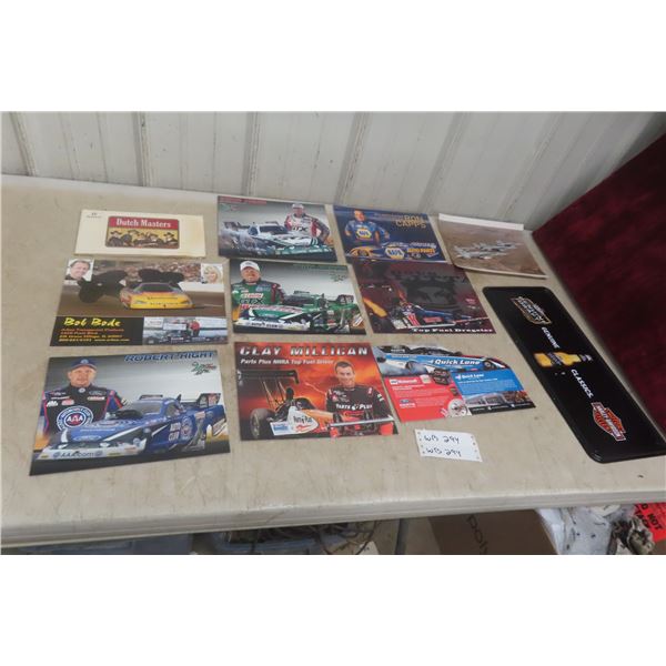 Harley-Davidson Beer Tray, Hornet Fighter Aircraft Photo, Tobacco Box Lid and NHRA Drag Racer Cars