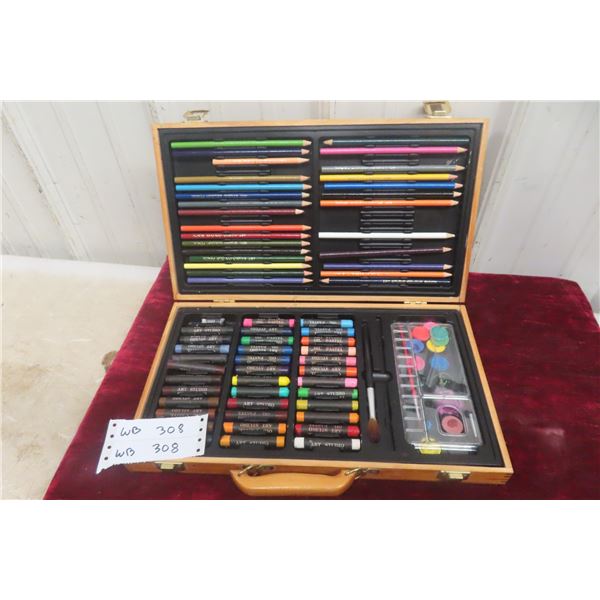 Wood Art Studio Set with Pastels, Pencils, Brushes and Watercolor Paints