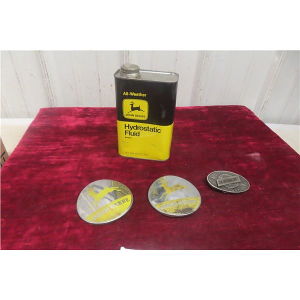 Vintage John Deere Oil Can, John Deere Metal Emblems – Qty 2 and MACDON Strong Belt Buckle
