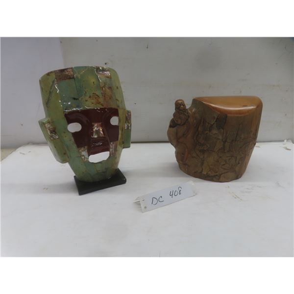 Aztec-Style Mosaic Burial Death Mask, 8 3/4" x 6½", and Hand-Carved Jewelry Box with Hidden Compart