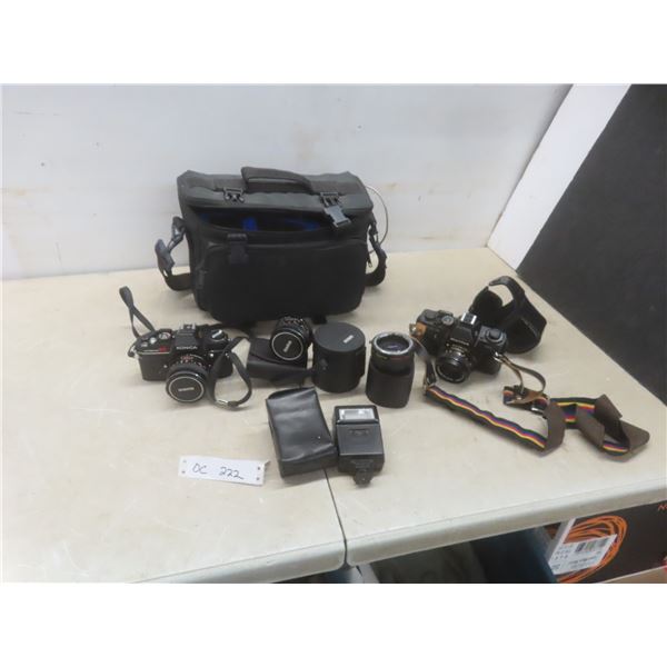Konica and Mamiya Cameras with 2 Lenses, Flash Unit and Camera Bag