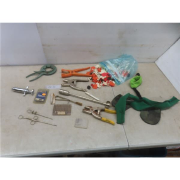 Calf Feeder Muffs, Tagger with Tags, Vintage Veterinary Instruments – Teat Slitter, Syringe and Mor