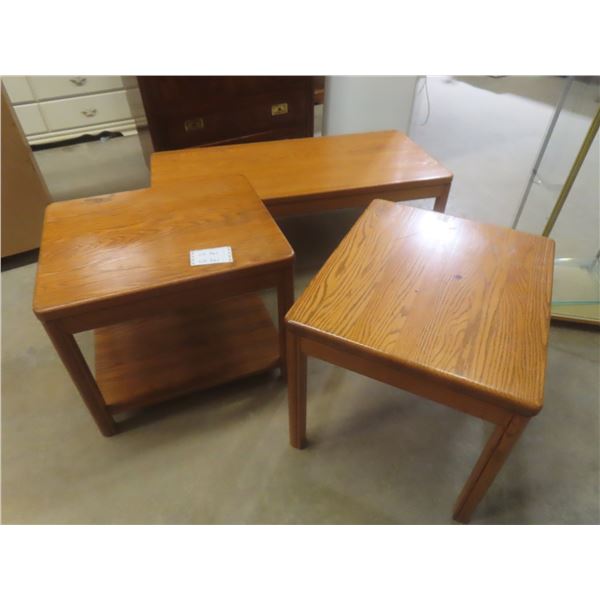 3-Piece Matching Oak Coffee Table Set with 2 End Tables – 21" x 22" x 26" and 16" x 49½" x 23"
