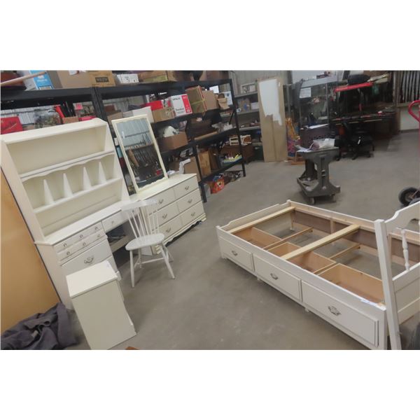 4-Piece Bedroom Set: Dresser with Mirror, Desk with Hutch, Night Stand and Single Captain Bed