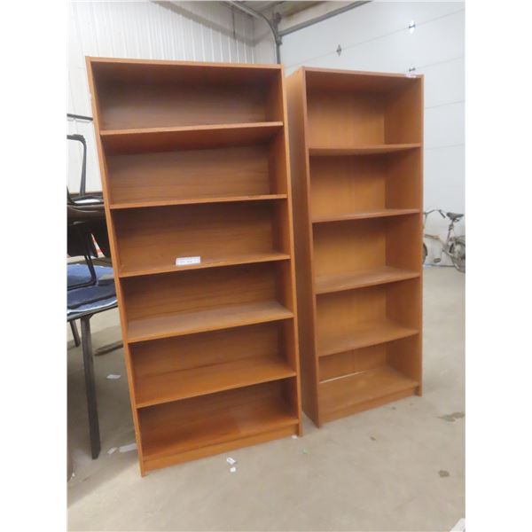 2 Bookcases: 4 & 5 Shelf – 72" x 32¼" x 11½" and 72" x 28¼" x 11½" – Some Shelf Clips Missing