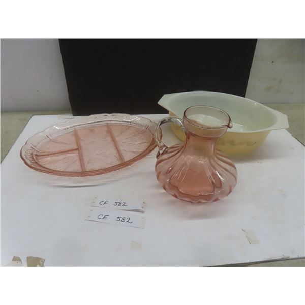 Pink Depression Glass Divided Platter, Vintage Pink Glass Pitcher and Pyrex Casserole Dish