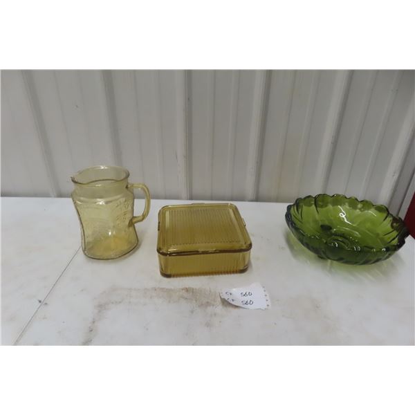 Depression Glass Pitcher, Covered Refrigerator Dish and More