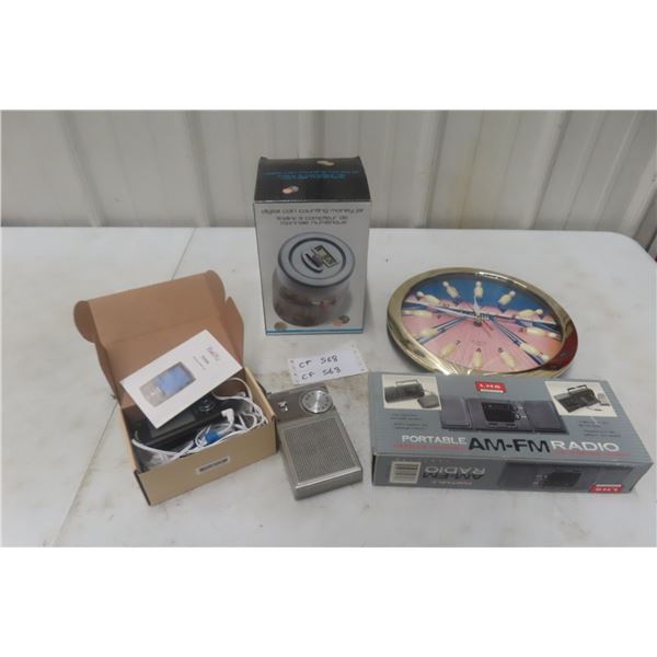 Coin Counting Money Jar, Bowler's Clock, Radio and Belgium Item