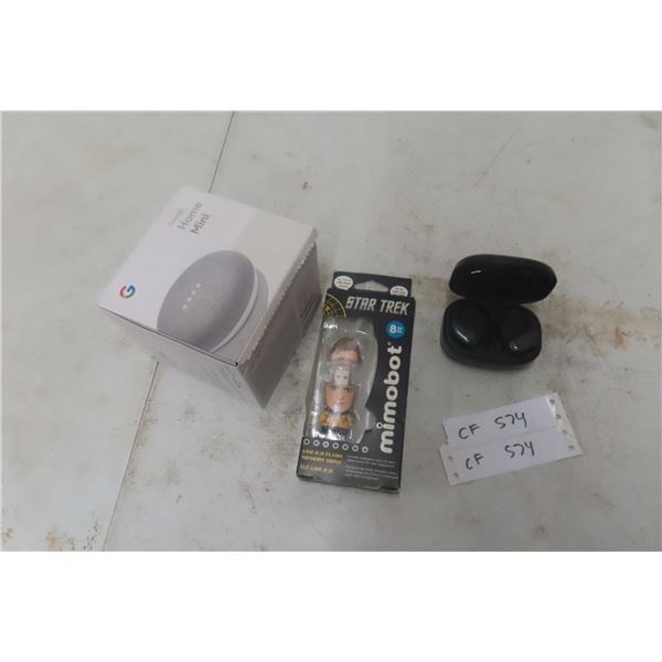 Google Home Mini, Star Trek USB Memory Drive and Wireless Headset