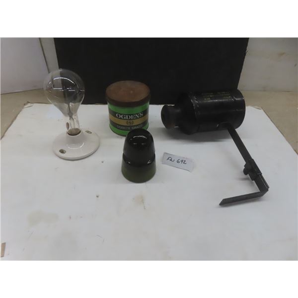 Green Insulator, Ogden's Metal Tobacco Tin, Industrial Light Fixture/Lampholder and Porcelain Socke