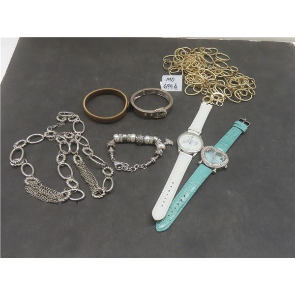 Pandora Style Bracelet, Necklace, Bangle, Gold Tone Necklace/Belt and 2 Watches