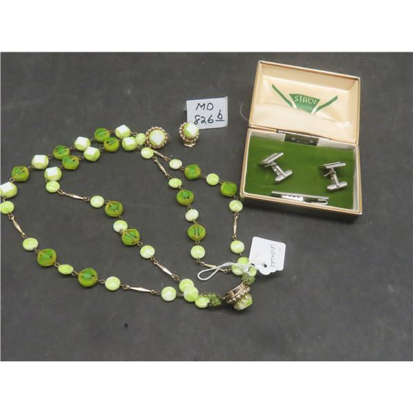 Vintage Continental Necklace with Matching Clip-On Earrings, Stacey Cufflinks and Tie Clip